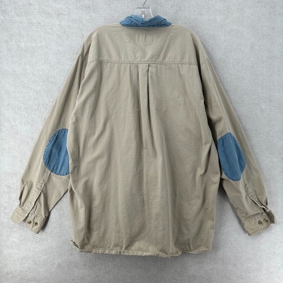 VTG 90s Wrangler Rugged Wear Shirt Mens 2XT Beige Denim Collar Elbow Patches - Picture 2 of 13